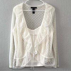 Vintage Style Sheer Lace Cream Blouse XL Romantic Whimsigoth Coquette Ruffle Top